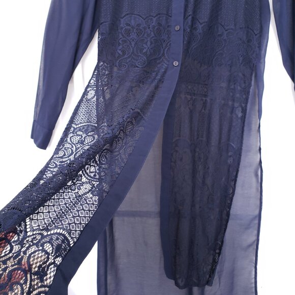 The Line of Style Navy Blue Mesh Lace Pattern Unique Design Long Blouse Size S - Picture 11 of 15